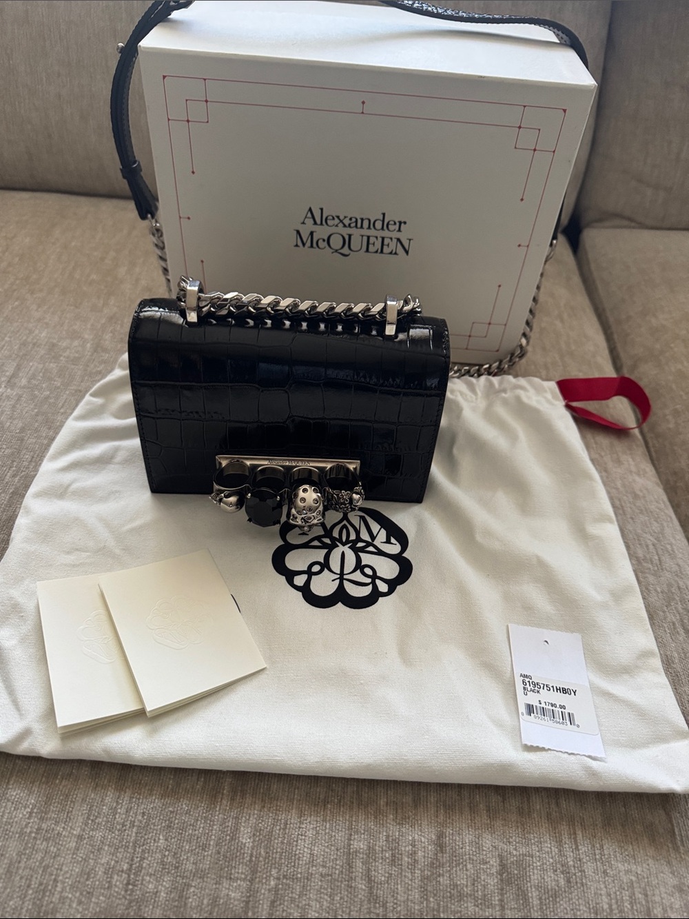 Alexander McQueen Black Croc-Embossed Mini jeweled sachel bag